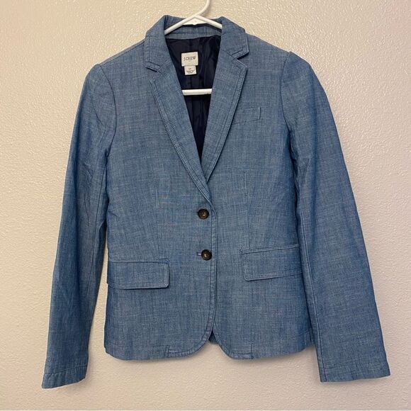 J CREW 100% classic Chambray blazer suit jacket Blue button front coastal 00 - Picture 4 of 9